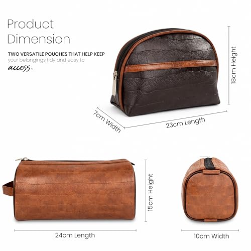 Image of SNDIA 2-Set PU Leather Toiletry Travel Bags for Men and Women, Shaving Kit Bag, Makeup Cosmetic Pouch for Women and Men (Him & Her) Brown