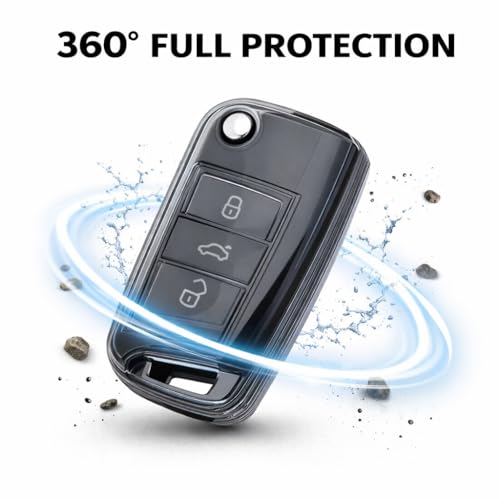 Image of JVCV 2 Pack Soft TPU Transparent Black Key Cover Compatible with Skoda Kylaq Slavia Kushaq Taigun Tiguan Virtus Octavia Kodiaq Superb Folding Key | Shockproof Slim Fit Case (Transparent Black)