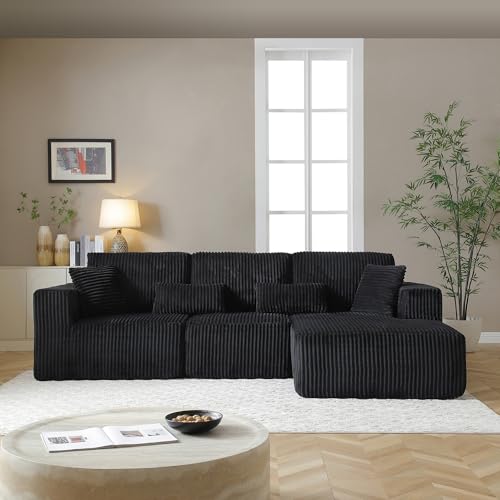 Image of L Shaped Modular Boneless Sectional Couches for Living Room, Wide Armrest, Deep Seat, Memory Foam, Assembly Free, Modern Comfy Corduroy Fluffy Cloud Sofa with Right Chaise, Black