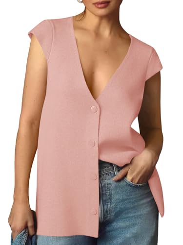 Image of Saodimallsu Womens Deep V Neck Sweater Vest Sleeveless Knit Button Up Loose Fit Cap Sleeve Trendy Summer Tops