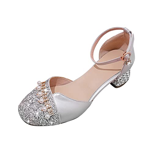 Betadog Girls Sandals Kids Glitter Bow Dress Shoes Heel Sequins Princess Sandals Toddler Flower Wedding Party Shoes (Silver-d, 1.5)