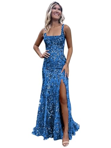 Women's Mermaid Corset Prom Dresses with Slit Sparkly Sequin Ball Gown Square Neck Formal Evening Gwon