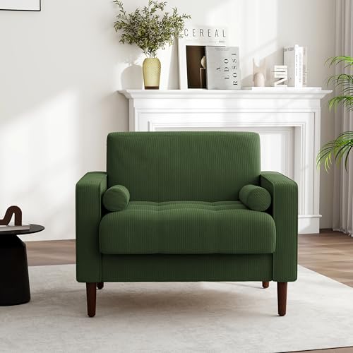 Image of Accent Chairs Set of 2, Corduroy Fabric Upholstered Armchair Mid-Century Modern Arm Chair for Living Room, Comfy Single Sofa Bedroom Side Reading Seat - Green