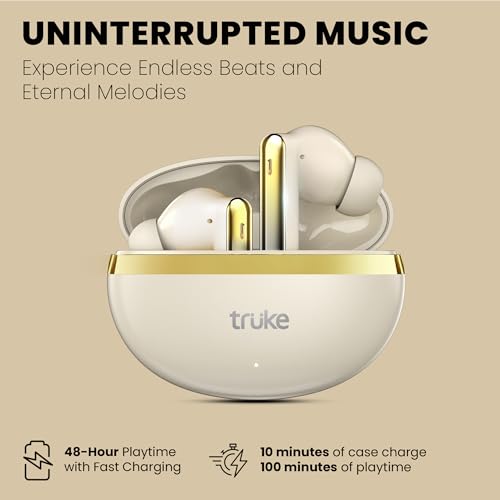 Image of truke Q1 Lite True Wireless in Ear Earbuds, 48H Playtime Ear Buds, Crystal-Clear Calls, Fast Charging, Elegant Royal Design, Bluetooth 5.4, Noise Cancellation, Gaming Mode (Gold)