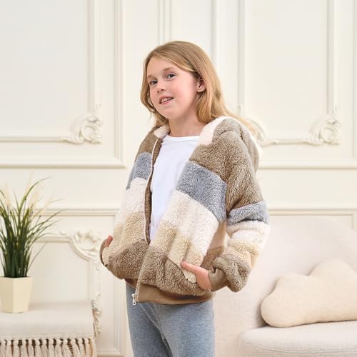 Image of Girls Zip up Hoodie Kids Fuzzy Fleece Jacket with hood Fall Winter Contrast color Pullover Sweatshirt 4-14 Years
