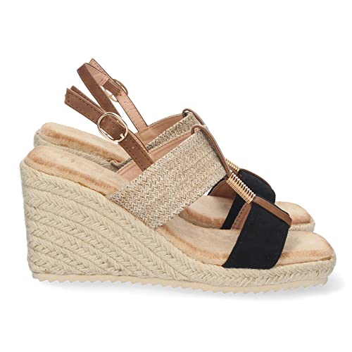 shoes&blues.es 65592-Sandalia de Cuna para Mujer, Comoda, Forrada de Yute, con Doble Pala, y Cierre de Hebilla, Primavera Verano 2022. Talla 37 Negro
