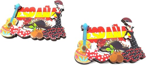 2 aimants de réfrigérateur 8 cm. Danseuse de flamenco espagnol. Drapeau de l'Espagne Robe à pois avec figurine de périton. Éventail sévillane