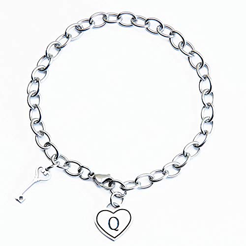 TOWSIX Initial Charm Bracelet,Stainless Steel Heart Engraved Letters Bracelet Jewelry 26 Alphabet Personalized Name Bracelet Gift for Women Teen Girls (Q)