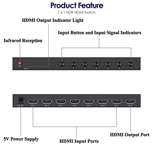 Image of 7 in 1 Out HDMI Switch 4K@60Hz with HDR, HDCP 2.2 & 3D and IR Remote Control for PS5, Xbox, Nintendo Switch, Apple TV, Roku, Fire Stick (Home /Office Use)