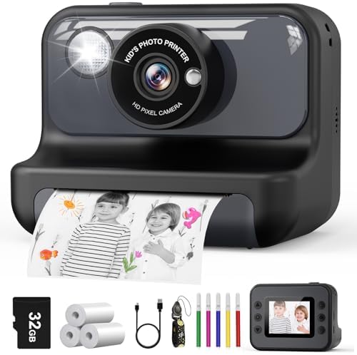 Hangrui Sofortbildkamera Kinder, 2,4 Zoll Kinderkamera Sofortbildkamera mit 32G Karte & Druckpapier, 1080P Kamera Kinder Sofortdruck mit Farbige Stifte, Geschenk für Kinders 3-12 J