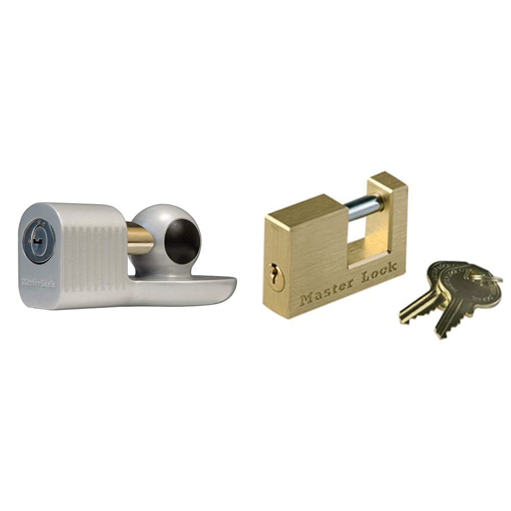 Photo 1 of **** MISSING GOLD LOCK *** Master Lock 377DAT Trailer Hitch Lock & 605DAT Shackle 15/16" Length x 7/16" Inner Width, 2" Body Width, Solid Brass Coupler Lock, Gold Trailer Hitch Lock + Lock, Gold