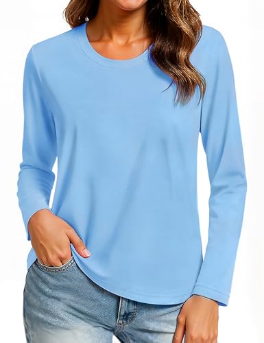 Image of TACVASEN Womens Casual T-Shirt Crew Neck Long Sleeve Cotton Yoga Tops Quick Dry Cotton Clothes for Women, Waterfall Blue, XL