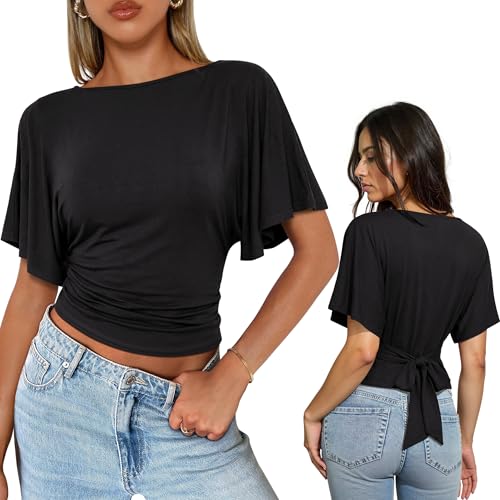 WIEIYM Damen Bluse mit Flügelärmeln Sommer Oberteil U-Boot-Ausschnitt Elegant Slim Fit Shirt mit Bindeband am Rücken Figurschmeichelndes Casual Top