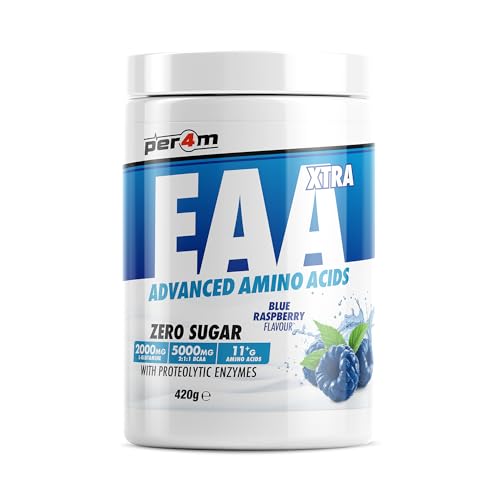 Per4m EAA Xtra/Amino Xtra | 30 Servings of Full Spectrum EAA with Proteolytic Enzymes | Vegan Friendly | Zero Sugar Amino Acid (420g, Blue Raspberry)