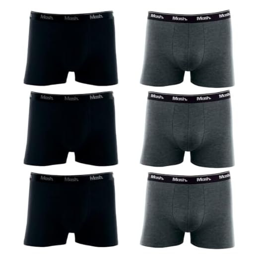 Kit 06 Cueca Boxer Mash Cotton Elástico Especial Masculino Adulto | 3 Pretas - 3 Cinza Mescla Escuro | P