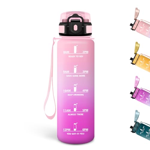 Motswedi Botella Agua Niños, 500ml, a Prueba de Fugas, Cantimplora, Sin BPA, Botella Agua Gimnasio, con Marca de Tiempo, Cantimplora Infantil para Gym, Bicicleta, Yoga, Oficina, Rosa Claro & Rosa Rojo