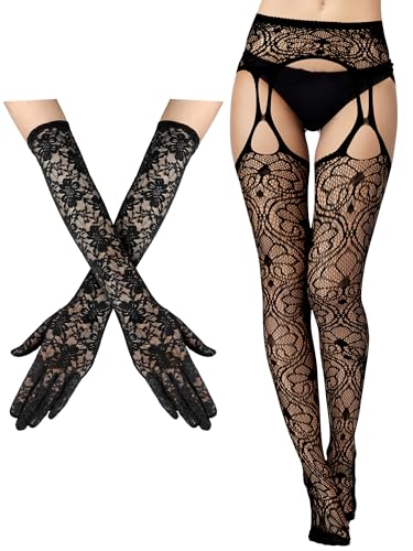 Image of Geyoga 2 Pcs Lace Fishnet Stockings Tights Floral Gloves Black Suspender Pantyhose Long Gloves for Women Halloween Cosplay
