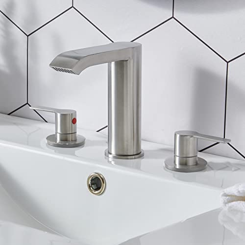 Brushed Nickel 3 Hole Waterfall Bathroom Faucet,Large Rectangular Spout 2 Handle 8 Inch Widespread Faucet For Bathroom Sink,Stainless Steel Bathroom Sink Faucet With Supply Lines And Pop Up Drain #TOP11