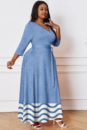 Image of Runwind Plus Size Dress for Women - 3 /4 Sleeve V Neck Maxi Dresses for Women (XL-6XL)