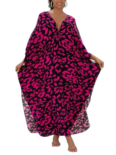 Image of IMAGEKOPE Women's Plus Size Animal Print V-Neck Batwing Kaftan Beach Dress Bathing Suit Cover-Up Loungewear
