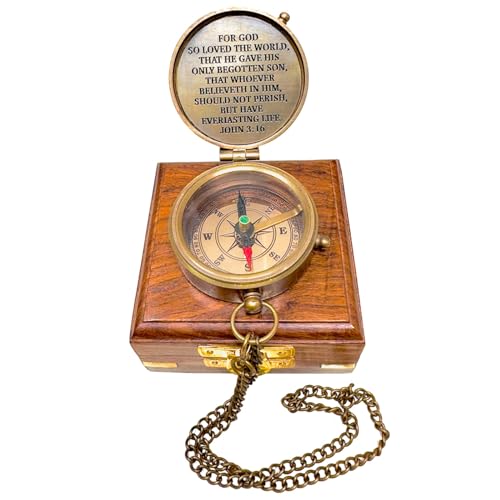 Brújula de latón grabada con caja de madera con versículo bíblico de Juan 3:16 y cruz con oración religiosa, fe, regalo inspirador de cumpleaños miniatura 7