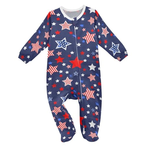 Stars Memorial Patriotic Day Baby One-Piece Footies 4th Of July Independence Newborn Rompers Pajamas Cotton Jumpsuit Footed Pjs for Sleep Play Boys Girls 3M