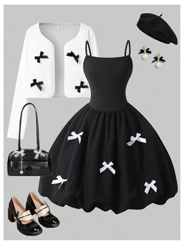 Verdusa Girl's 2 Piece Bow Outfits Open Front Lightweight Jacket with Sleeveless Bubble Dress3