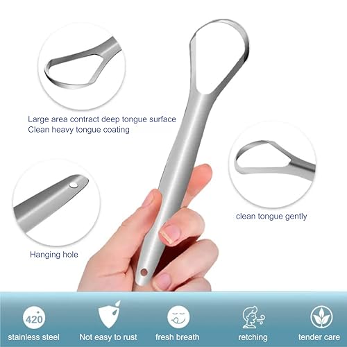 Image of 2 pcs spoon shap Tongue Scraper, 100% Useful Surgical Stainless Steel Tongue Cleaner for Both Adults and Kids, Professional Reduce Bad Breath Metal Tongue Scrapers, Help Your Oral Hygiene