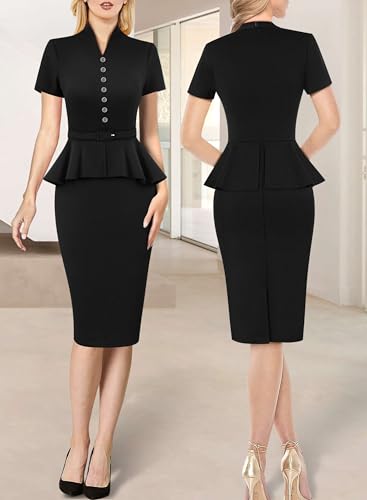 VFSHOW Womens V Neck Belted Peplum Button Office Business Work Vintage Cocktail Church Slim Fit Pencil Sheath Dress2