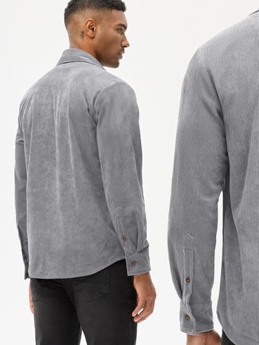 Image of Comdecevis Men's Flannel Button Down Jacket Long Sleeve Lightweight Cotton Work Shirts Jackets with Flap Pockets Gray Large