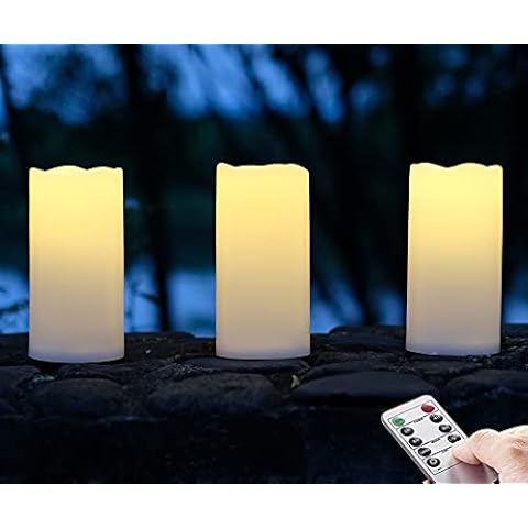 NONNO&ZGF 3X 6'' Outdoor Waterproof Flameless Candles, 3 Pack, Warm White LED Resin Rainproof Pillar Battery Plastic Candle with Remote Control/Timer. Cover