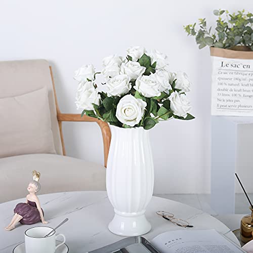 12 Pcs Artificial Roses Flowers Silk Velvet Realistic Blossom Rose Long Stem Bouquets For Home Wedding Party Decoration(White) #TOP3