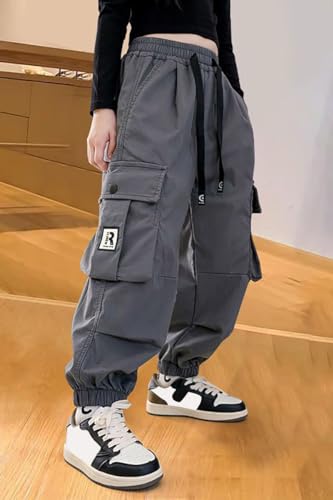 Image of AOWKULAE Girls Casual Cargo Pants for Kids Drawstring Elastic Waist Jogger Pants 6-14 Years