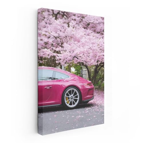 Wall Art Car Porsche 911 Pink In Sakura - Print Painting [Canvas Framed - 24x16 inch]