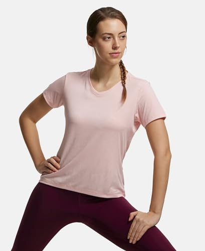 Image of Jockey MW01 Women's Microfiber Fabric Relaxed Fit Solid V Neck Half Sleeve Performance Active Wear T-Shirt with Stay Fresh Treatment