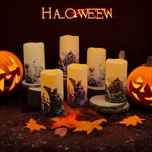 Image of Halloween LED Flameless Candles, Gothic Design, Set of 6, 5.7x3 inch, Remote Control with Timer, Battery Operated (6, D 3 inch)