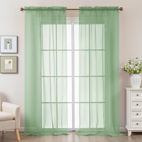 Image of Sage Green Sheer Curtains 96 Inches Long, Privacy Semi Sheer Curtains for Living Room Bedroom, Light Filtering Rod Pocket Voile Window Drapes 2 Panels Set, Each 42 inch W x 96 inch L