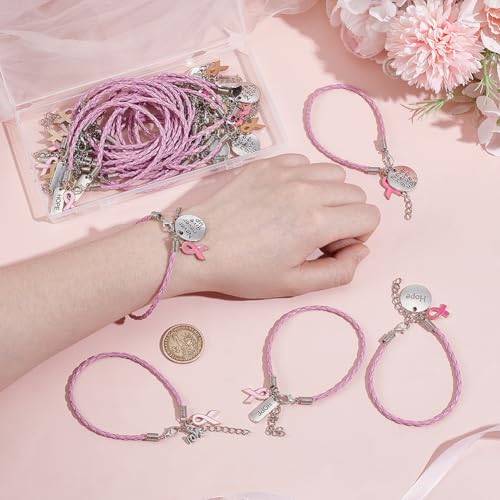 PH PandaHall 24pcs 4 Styles Breast Cancer Awareness Bracelets, PU Leather Braided Cord Bracelet Pink Ribbon Adjustable Inspirational Bracelets Cancer Care Gifts for Women Cancer Fighter Survivor - Image 3