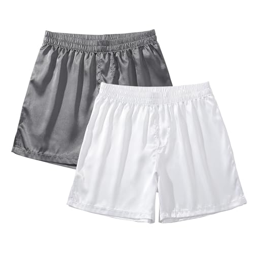 Image of AMY COULEE Mens Satin Boxer Shorts Silky Lightweight Pajama Bottoms Split Side Lounge Sleep Shorts