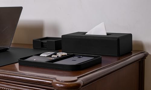 Image of V-CUBE Designs Premium Vegan Leather Executive Set of 6| Multipurpose Personal Desk Organizer| Desk Mat | Valet Tray| Tissue Holder | Pen Holder| Coaster | Mobile Stand for Office Table & Home - Black