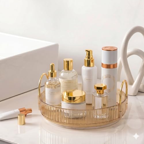 Image of INOVERA (LABEL) 360 Rotation Makeup Organizer for Women, Girls & Bride - Dressing Table Cosmetic Storage Case - Bathroom Vanity Skincare Holder Organiser (1 Tier, Brown)