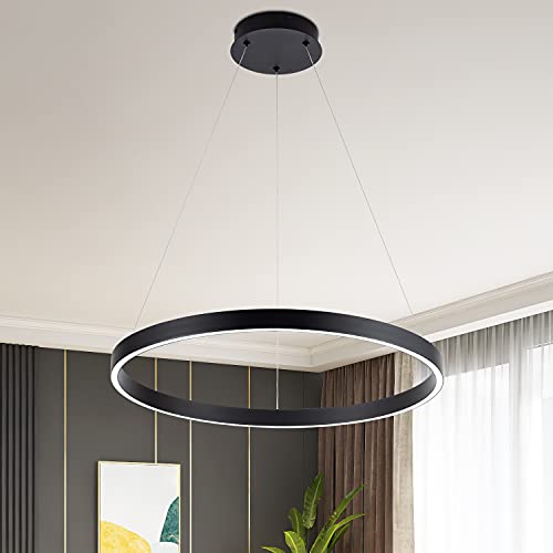 Image of MADEM Modern Black LED Pendant 1-Ring Circular Contemporary Chandelier | Room Decor 23.6'' Flush Mount Pendant Lighting for Living Dining Room Bedroom, 6000K Cool White,Black