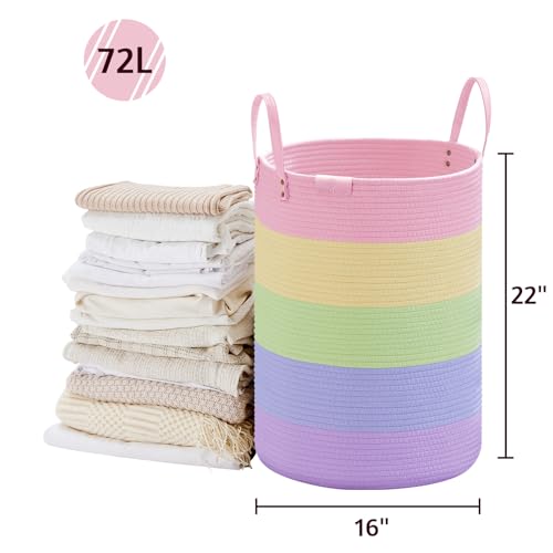 Image of VIPOSCO 72L Tall Woven Rope Laundry Hamper, Leather Handles, Rainbow | Large Wicker Laundry Basket for Dirty Clothes, Blanket, Toy, Towel, Yoga Mat, Storage Bin in Bedroom, Bathroom, Living Room
