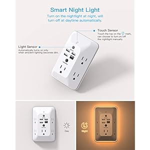 Outlet extender with night light multi plug outlet usb wall charger surge protector 4 usb charging port1usb c power strip electrical outlet splitter expander for home office dorm room etl listed  urban country home decor