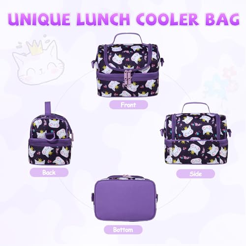 Lunch Bag for Kids,ChaseChic Insulated Lunch Boxes Bag Lightweight Water-Resistant Cooler Bag for Boys Girls in Dual Compartment Leak-Proof Lunch Organizer Purple Cats - Image 3