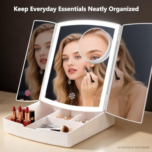 Image of Makeup Mirror with Lights, Tri-Fold Vanity Mirror, 3 Colors, 5X /10X