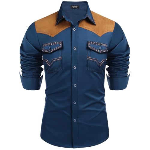 Camisa vaquera para hombre, camisa de manga larga bordada occidental con botones, camisas hippie con bolsillos, camisa de trabajo bordada retro con solapa occidental, azul, L