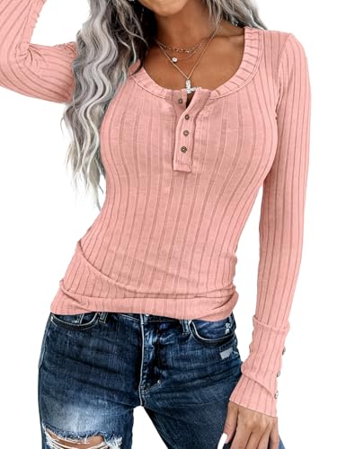 Image of KINLONSAIR Women's Long Sleeve Henley T Shirts Button Down Slim Fit Tops Scoop Neck Ribbed Knit Shirts