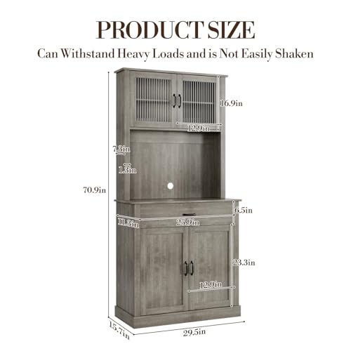 FinerFurnis Farmhouse Pantry Cabinet, 71" Tall Kitchen Hutch Cabinets with Storage Drawer, Open Countertop, Glass Doors, Adjustable Shelves, Cable Hole for Dining Room, Living Room, Ash Grey