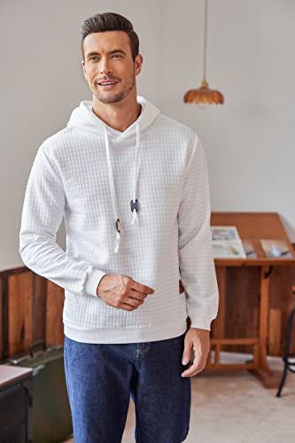 Coofandy Men's Casual Hoodies Sweatshirt Hipster Gym Long Sleeve Drawstring Plaid Jacquard Pullover Hooded White Medium #TOP2